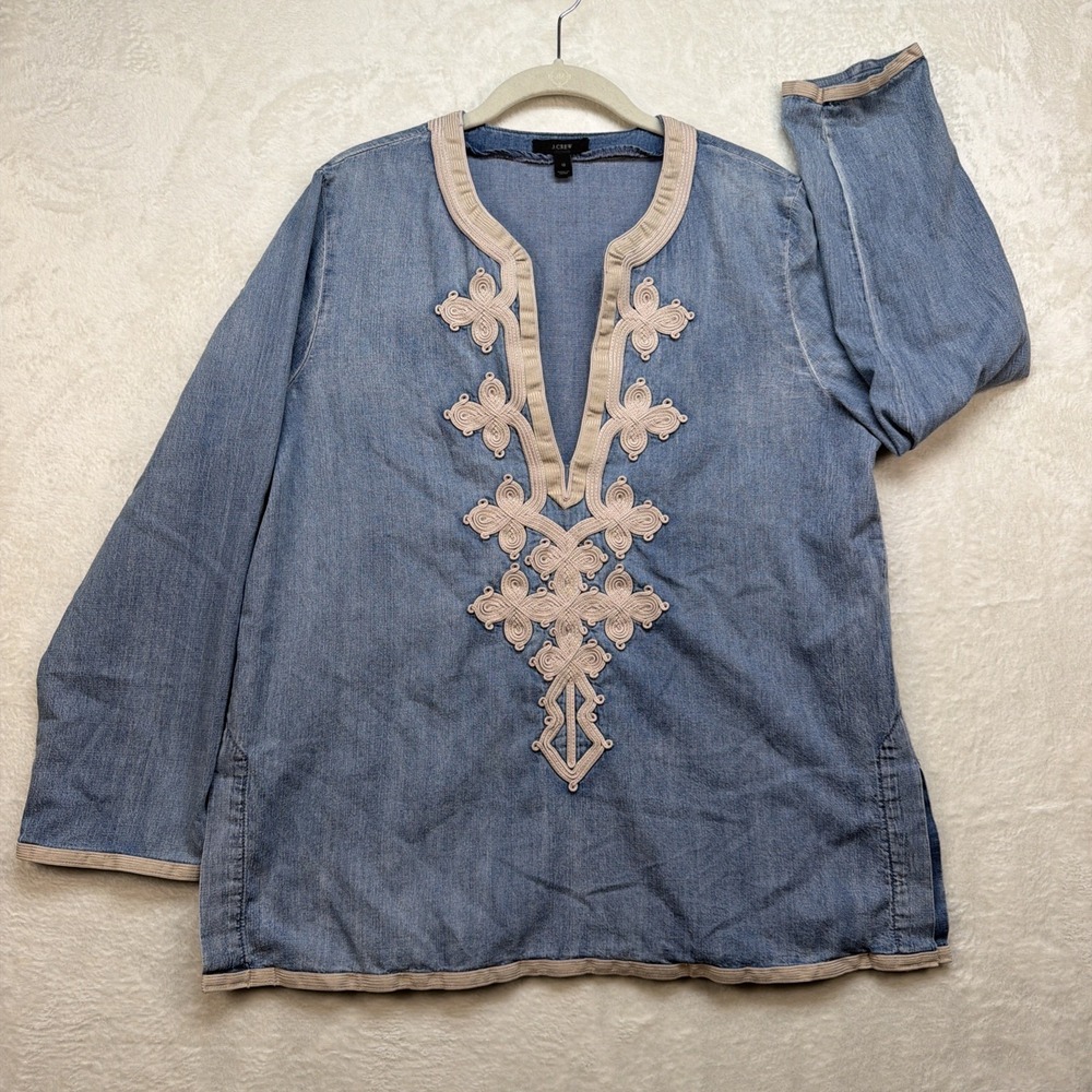 J Crew Chambray Embroidered Tunic Top Womens 12‎ Blue Boho Peasant V Neck